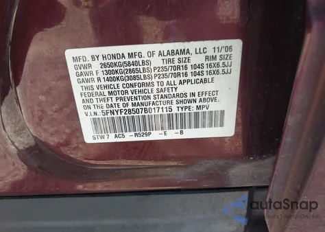 2007 Honda Pilot Ex-L z USA, uszkodzony, nr VIN 5FNYF28507B017115